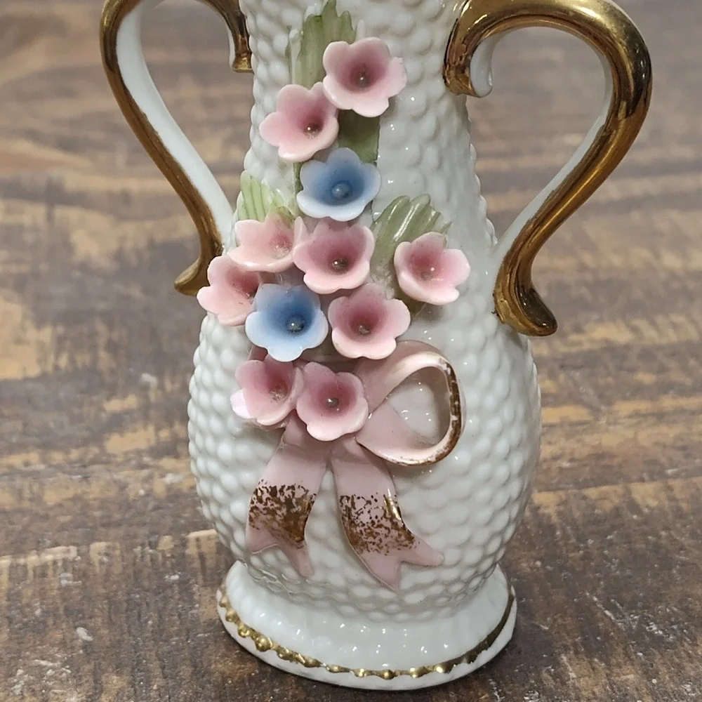 Vintage Miniature Hobnail Vase White Porcelain w/ Handles Pastel Pink blue gold